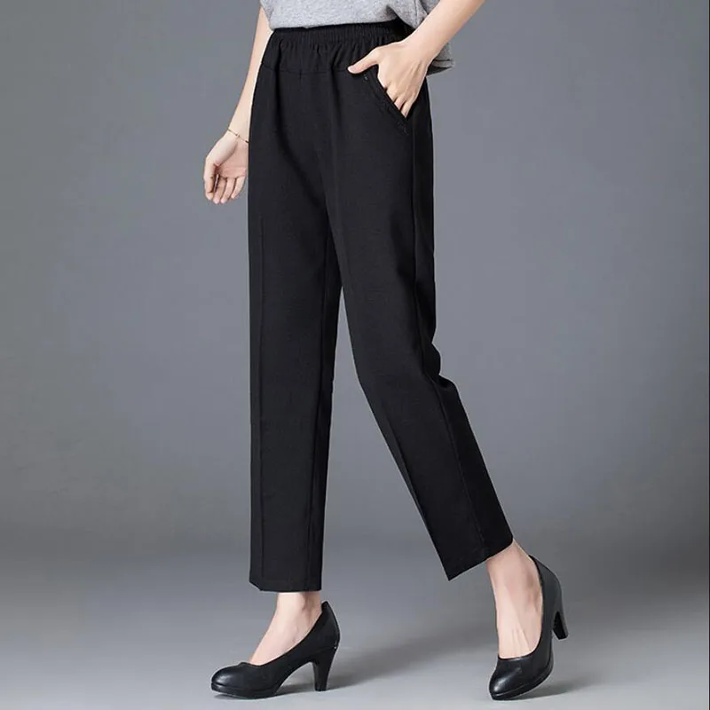

2021 New Summer Pants Women Thin Loose Straight Cotton Linen High Waisted Pants Female Office Middle-aged Black Casual Trouser