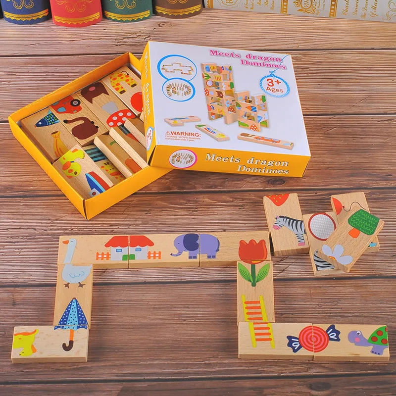 

Wooden puzzle toy wood block domino cartoon animal pattern connect match game baby educational christmas present 28pcs/set