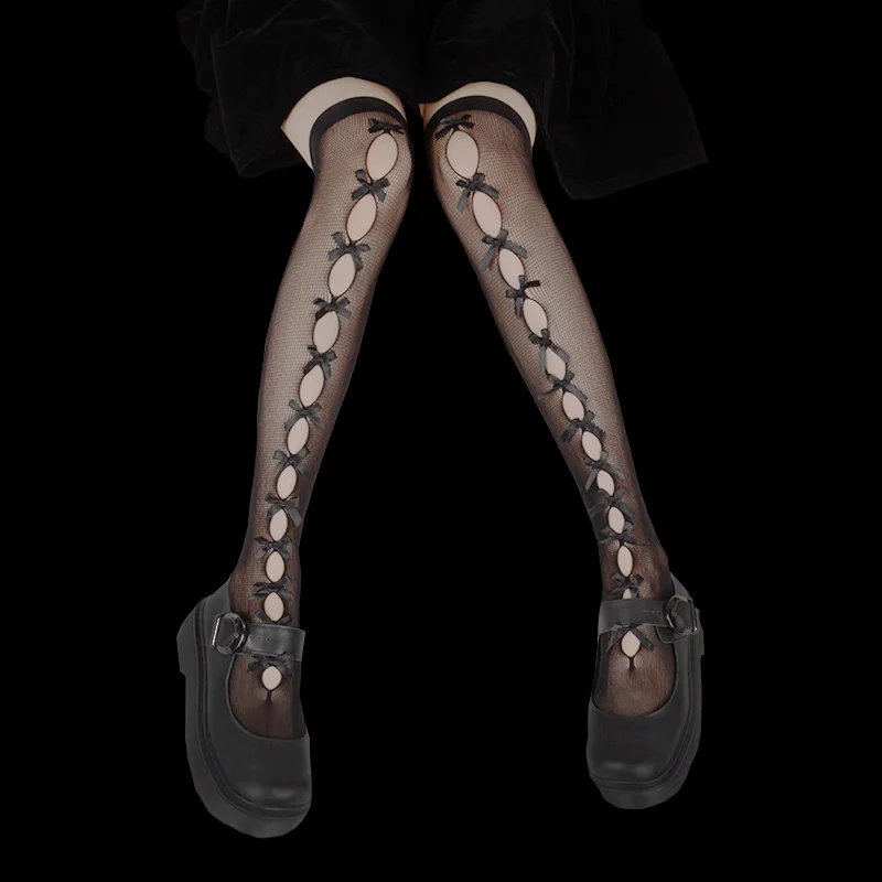 

Janpanese Cute Sweet Bowknot Silk Stockings Lolita Middle Tube Socks Hollow Out Lacework Calf Socks JK Soft Sister Young Girl