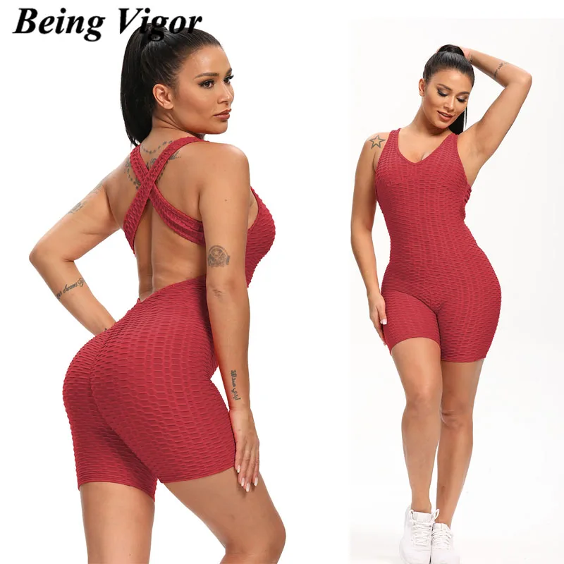 

Being Vigor Sport Gym Sexy Cross Back One Piece Jumpsuit Outfits Bodysuit Women Workout Bodycorn Overall Yoga Short Set