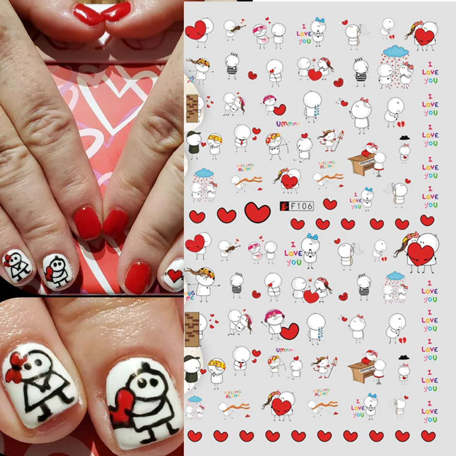 

2021 New 3D Valentines Nail Stickers Decals Cartoon Love Red Heart Letter Sliders Designs for Nails Manicure Decor Accessories