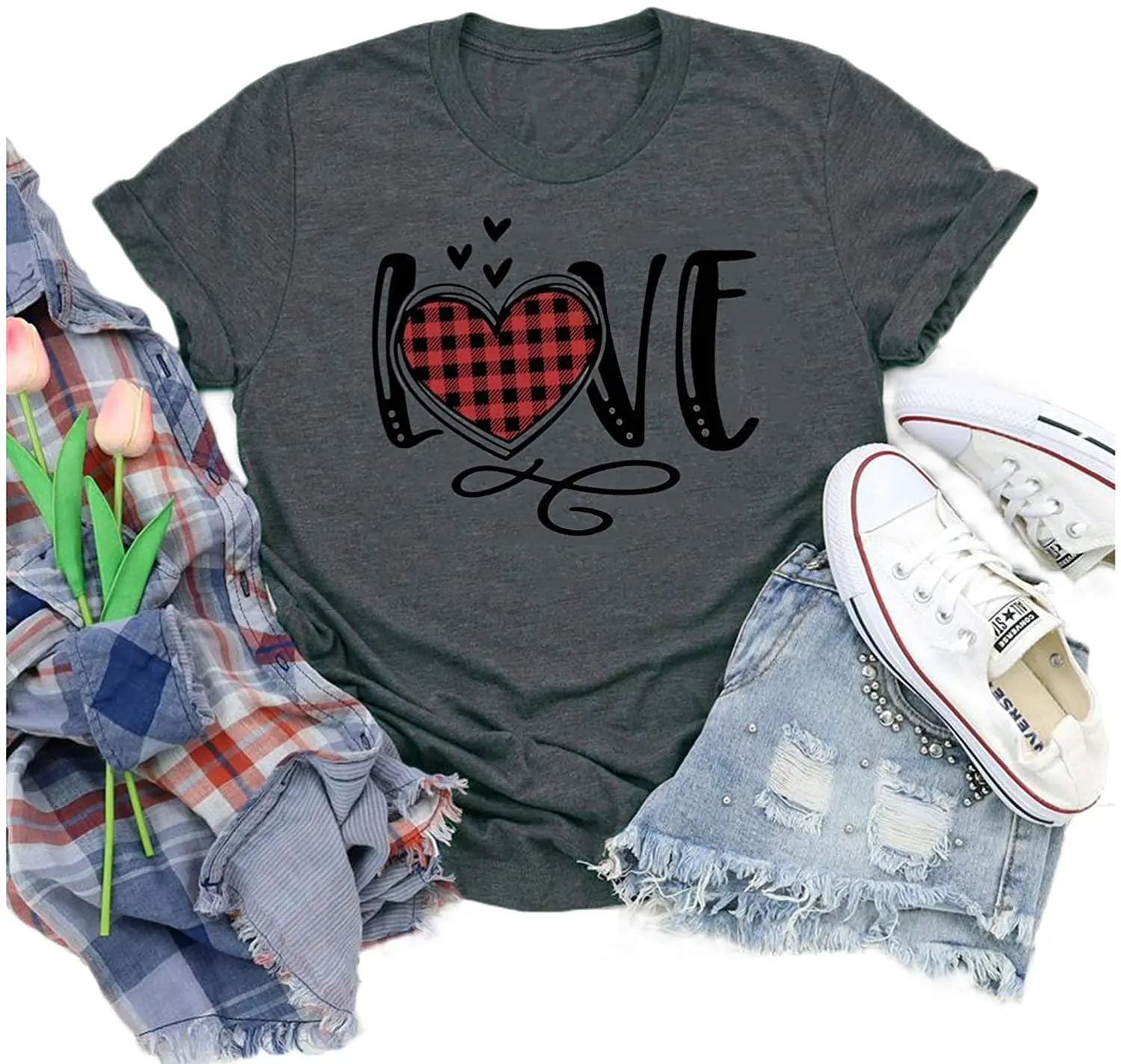 

Womens Valentine's Day Plaid Splicing Love Heart T-Shirt Funny Saying Hugs and Kisses Shirts Short Sleeve Tee Tops