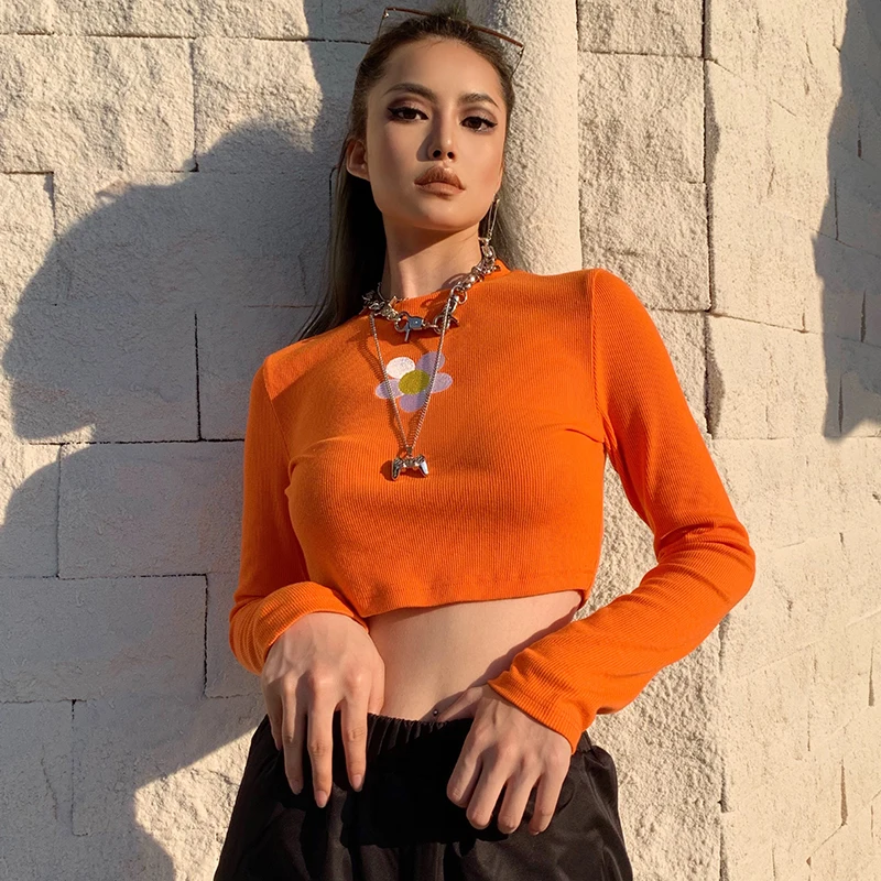 Укороченная Футболка с принтом и длинным рукавом женская уличная Сексуальная