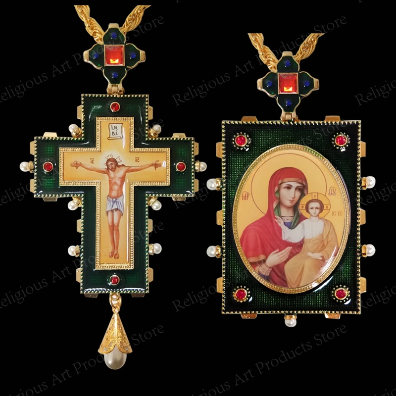 

New Orthodox Pectoral Catholic Crucifix Jesus Virgin Mary Cross Pendant Necklace Religious Badge Jewelry pastor Prayer Items