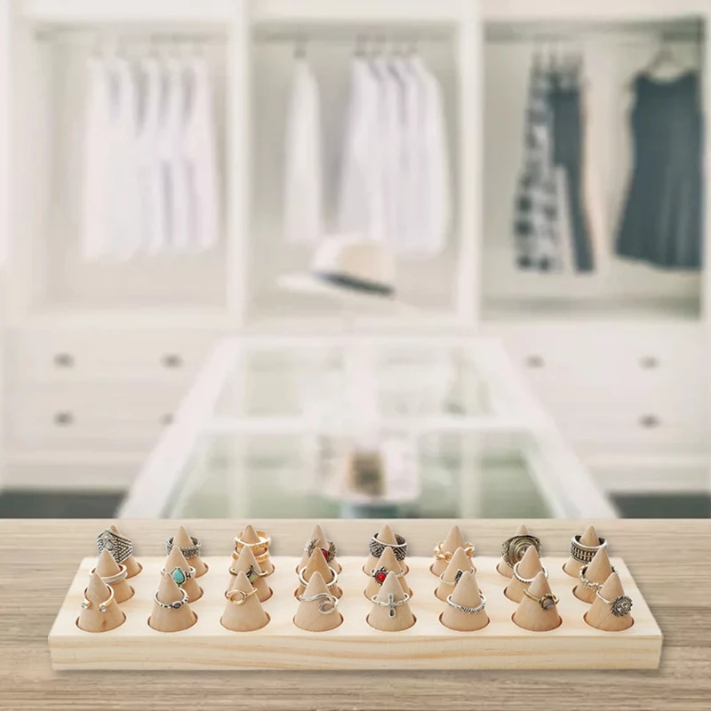 

24 Solid Wooden Jewelry Rings Display Stand Cone Storage Rack Organizer Holder
