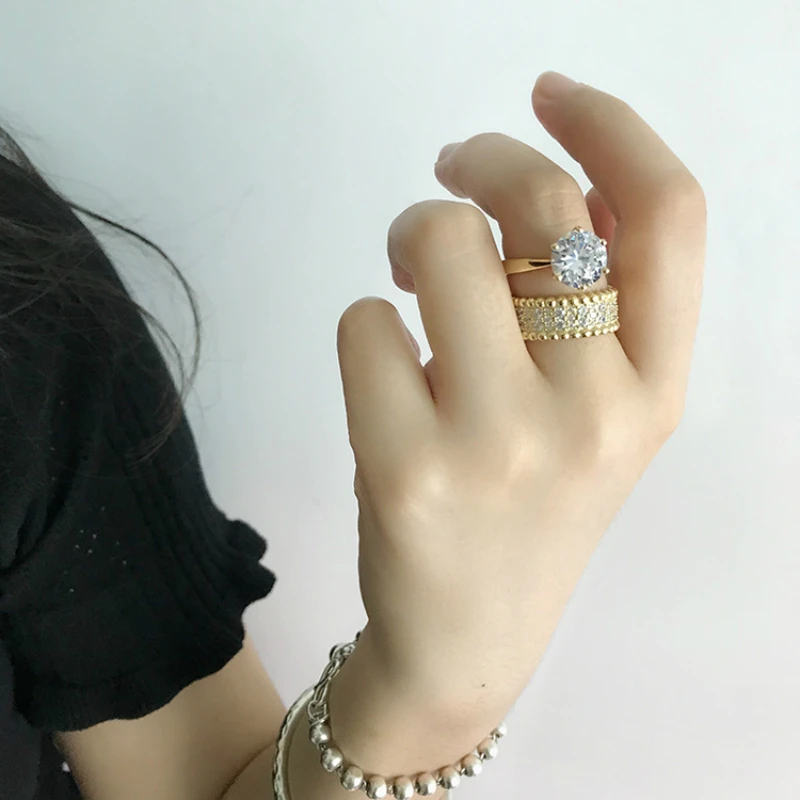 

Luxury Sterling Silver 925 Six-Claw Round Crystal Zircon Row Diamond Ring Set Fine Jewelry