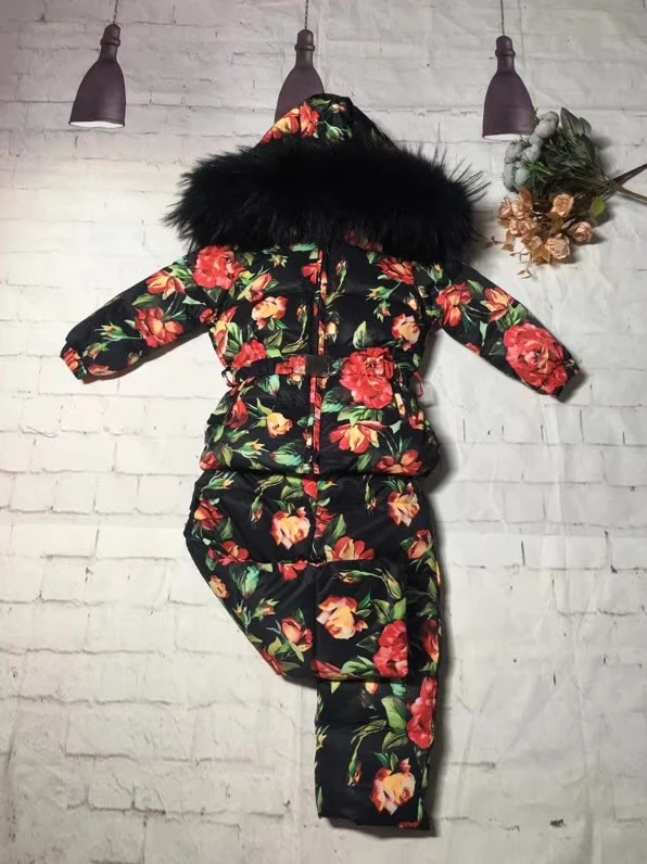 Real raccoon fur winter jacket child suit jacket+pant twinset boy& girl ski suits children down jacket outerwear parka