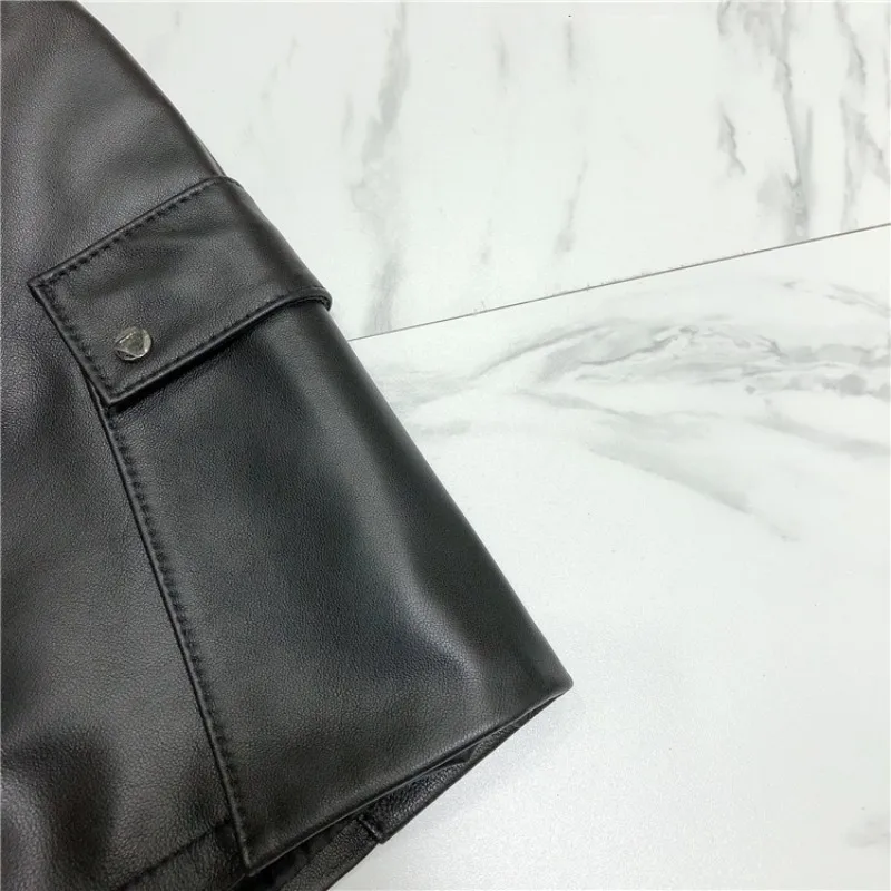 

Fashion Biker Real Leather Shorts Female Elastic Lace Up Pockets Loose Cargo Shorts Casual High Waist Wide Legged Short Trousers