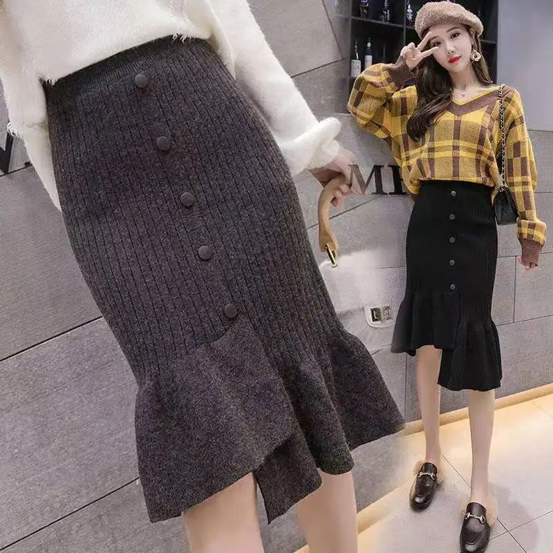 

ZCSMLL Knitted skirt women spring 2021 new high waist ruffled mid-length package hip skirt irregular fishtail skirt