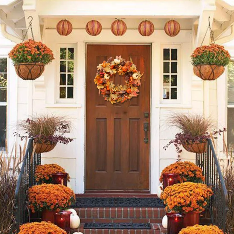 

50cm Artificial Pumpkin Wreath Autumn Harvest Maple Leaf Front Door Garland Thanksgiving Decoration Halloween Party Supplies 2