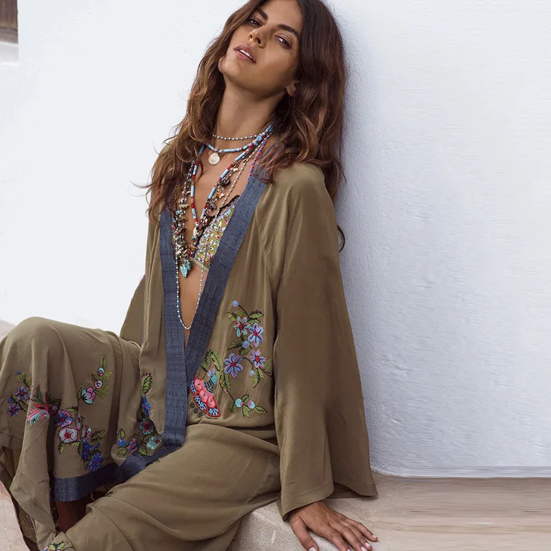 NAIDEY хлопковое пляжное платье купальник кимоно Cover Up Для женщин вышивка туника