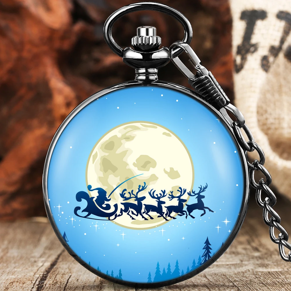 Christmas Eve Pocket Watch Set Quartz Black Pocket Clock Arabic Numerals Dial Pendant Alloy Necklace Gift Box for Son Daughter