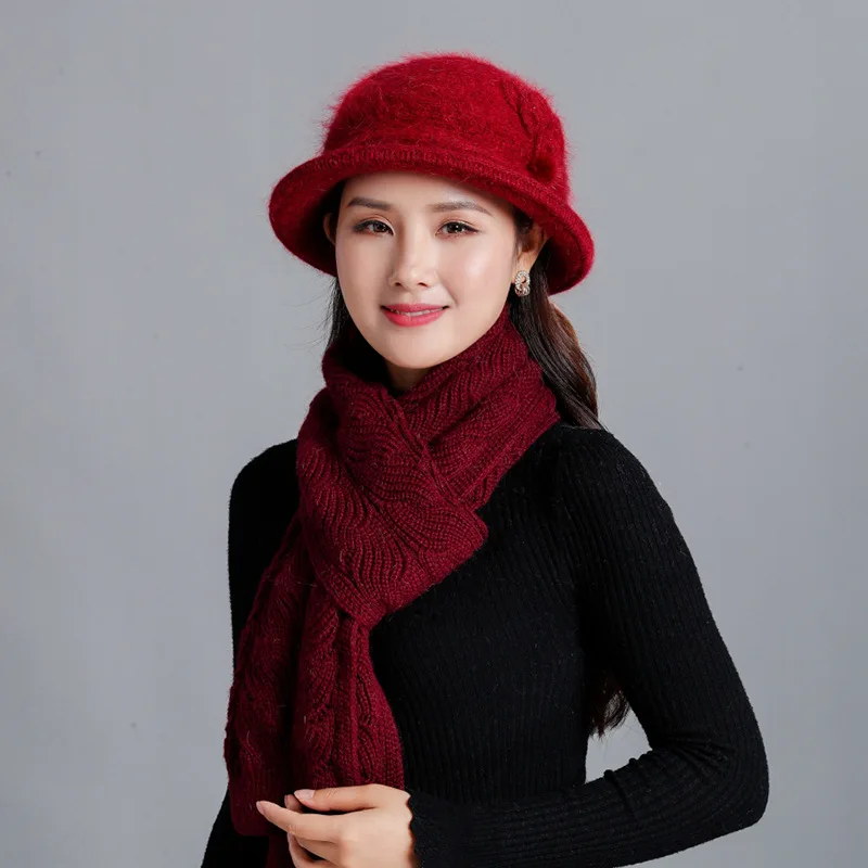 wine red 2 Новая зимняя женская шапка из кроличьего меха, шарф, набор, теплая шерстяная вязанная плюшевая наборы шарф шапка, вязаная шапка, шапка для мамы, подарки, твист, флисовая шаль - Цвет: wine red 2