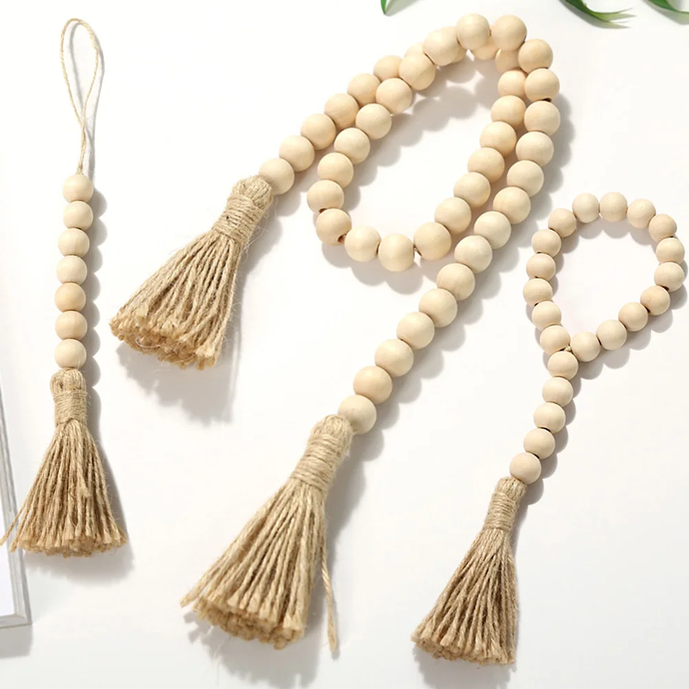 

3 Colors Wood Bead Garlands Handmade Farmhouse Beads With Tassels Rustic Wood Bead Garlands For Macrame Wall Hanging Ornament