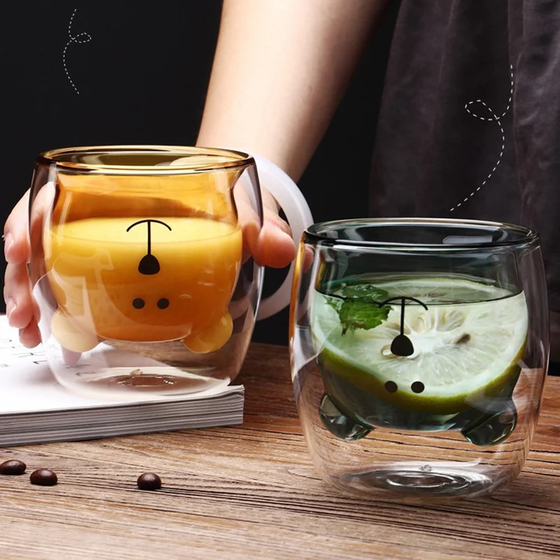 

1Pc Cute Bear Shape Double Wall Glass Mug Prevent Scald Double Glass Milk Coffee Cup Cartoon Home Coffee Juice Cup Drinking Cup
