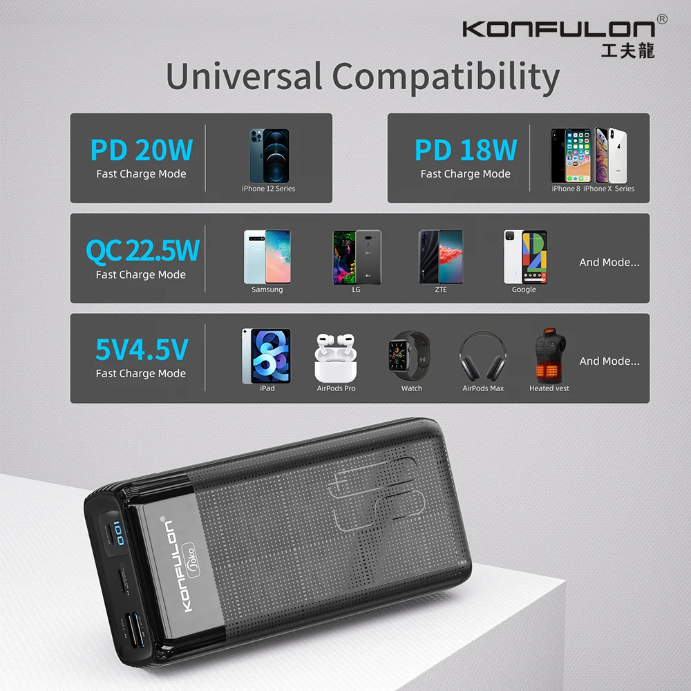 Kup QC22.5 W Power Bank 50000 MAh PD 20W LED Powerbank 50000 MAh 5A Szybkie ładowanie Zewnętrzna ładowarka Do IPhone Vivo Samsung