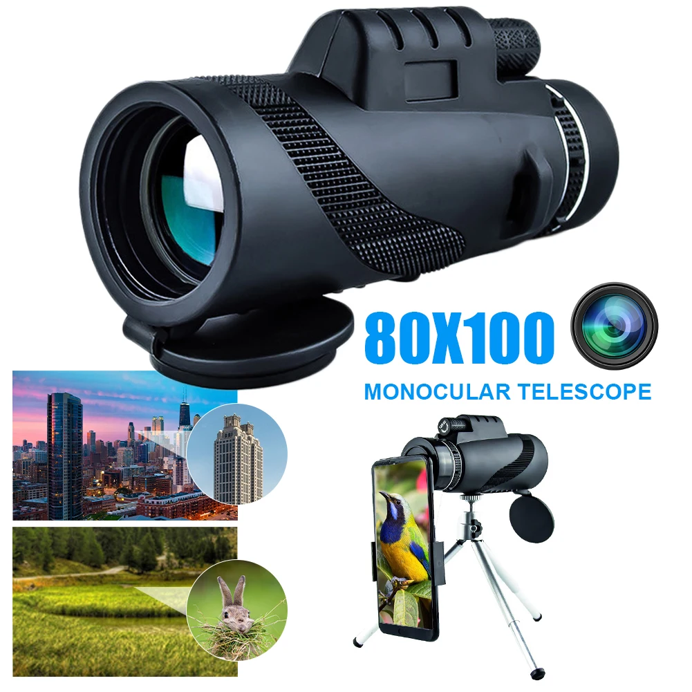 

80x100 HD Monocular Zoom Telescope Day/Night Vision BAK4 Prism Optional Phone Adapter Tripod for Bird Watching Hunting Sport Kit