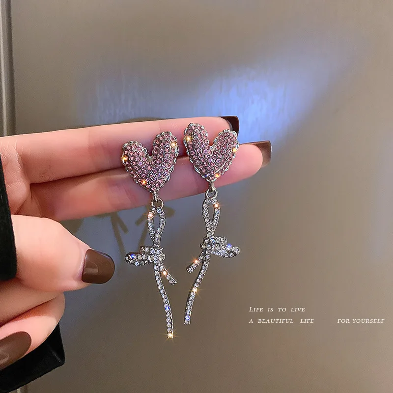 

925 Silver Needle Diamond Inlaid Advertising Balloon Love Earrings Female Tassel Sweet Peach Heart Pure Wind Temperamen