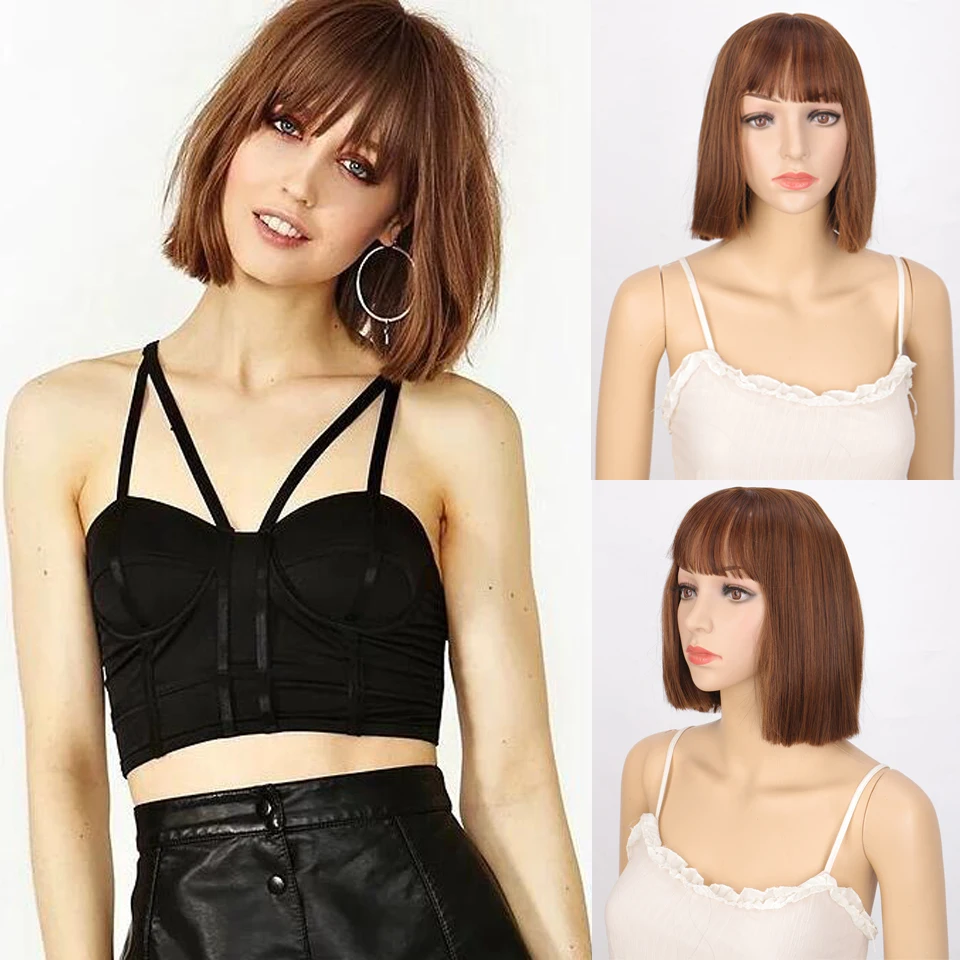 WEILAI короткие волосы прямой парик Аккуратные челки темно коричневые