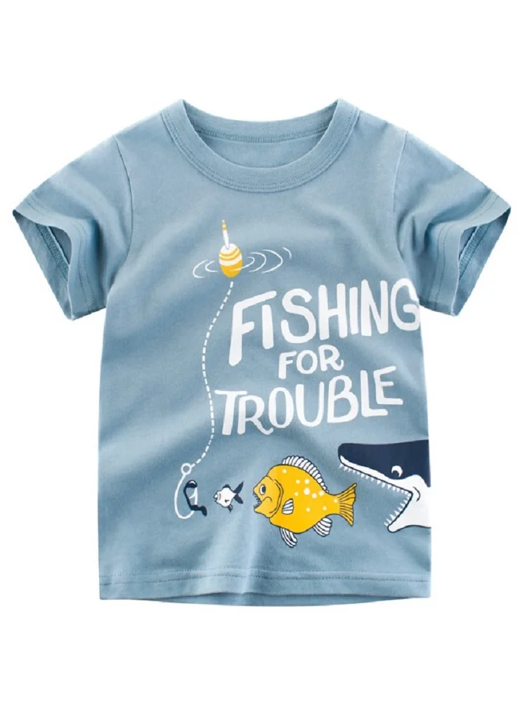 Boys Kids Shark Crab T-Shirt Tops Polo Short Sleeve Cotton 3D Print Blue Summer