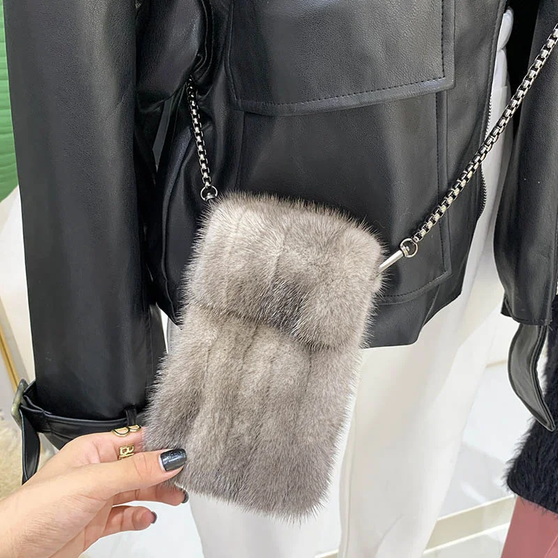 Mobile Phone Diagonal Bag Coin Purse 100% Mink Leather Bag Portable Small Bag All-Match Mink Fur Lady Diagonal Bag