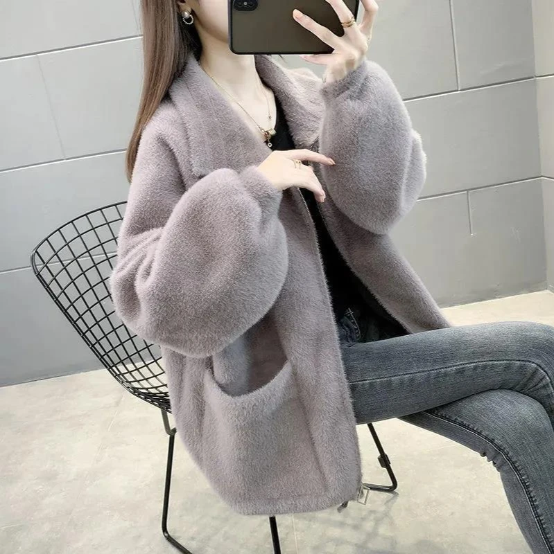 

Imitation mink cashmere coat woman 2021 Autumn and winter clothing new relaxed Languid wind outside wearing sweater thick knit c