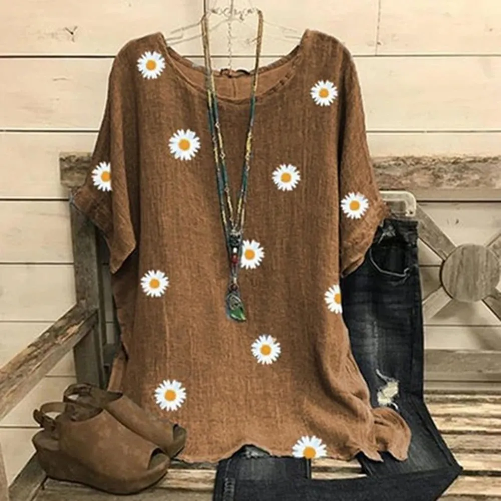 

2020 Women Summer Daisy Printed Blouse Fashion Short Sleeve Lady Loose Tops Shirt Femme Plus Size Blusas Femininas Pullover NEW