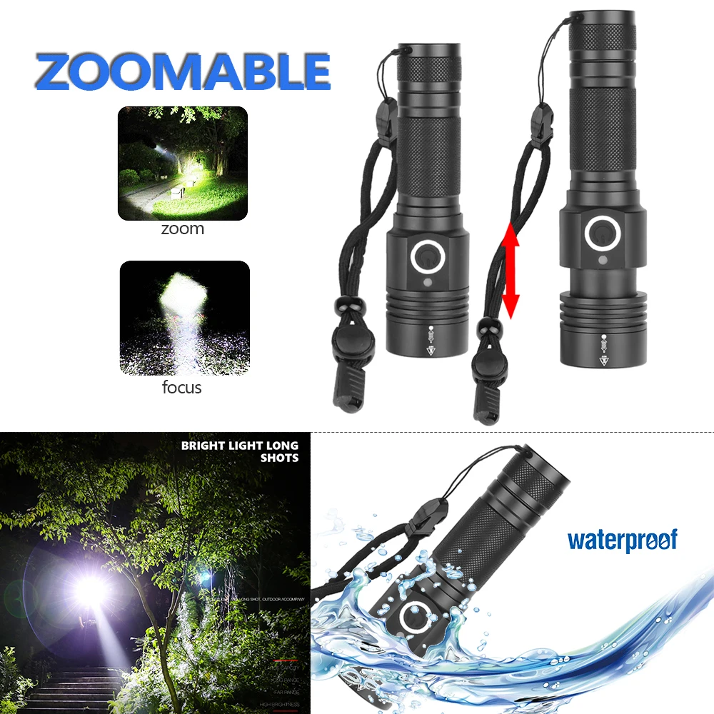 

LED Powerful Flashlight USB Rechargeable Torch Powerful XHP50 Flashlight Zoom Torch Waterproof Flashlight for Hiking Camping