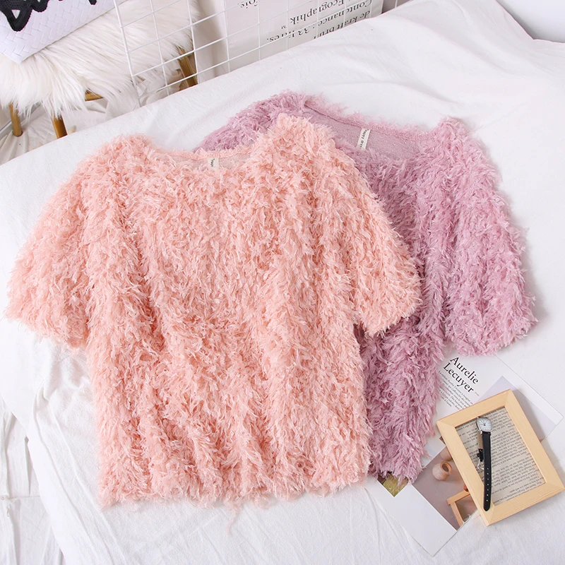 

Summer Women Pullovers New Fashion Sweet Casual Tops Korean Feather Tassels Furry Round Neck Short-Sleeve PSweaters&Jumpers