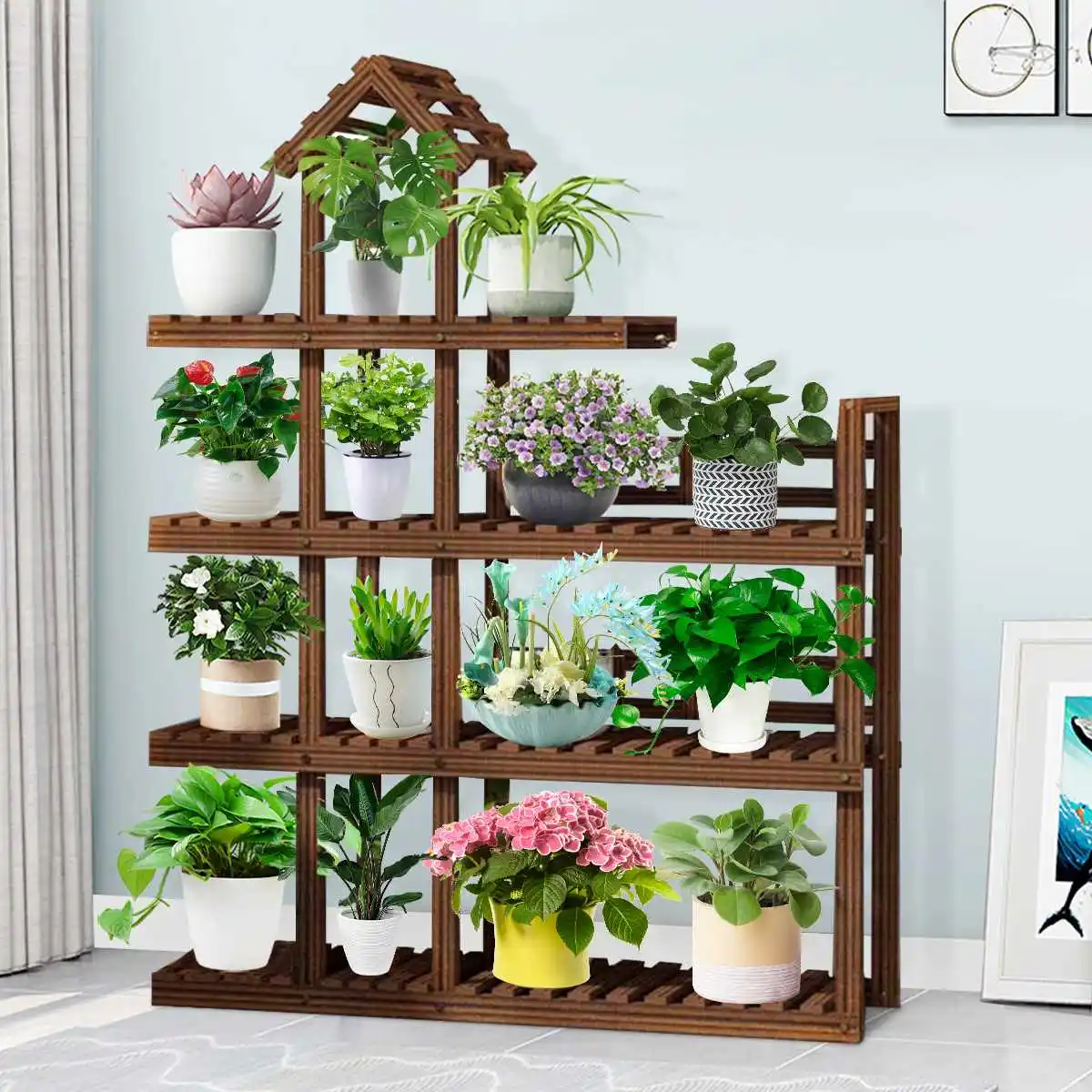 

Wooden Bookshelf Plant Rack Display Shelf 97x25x132cm Flower Stands Home Office Indoor Outdoor Yard Garden Patio Balcony 4 Tiers