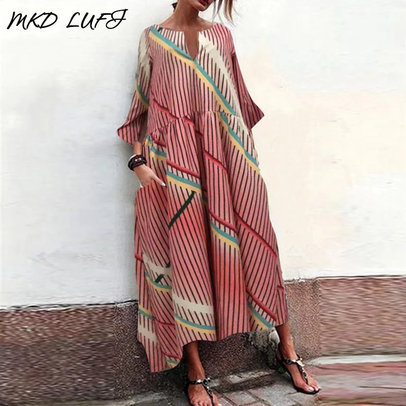 Женское платье макси в цветную полоску с v-образным вырезом и карманами Осеннее