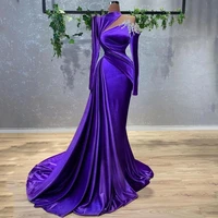 purple velvet mermaid arabic dubai evening dresses long sleeve prom gown sweep train celebrity dress robe de mari%c3%a9e custom made