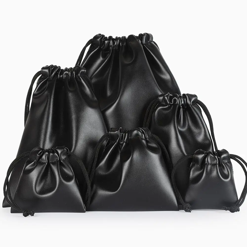 

Black PU Leather Drawstring Bag Waterproof Storage Bags Charm Jewelry Gift Candy Cookie Headphone Packaging Bags & Pouches