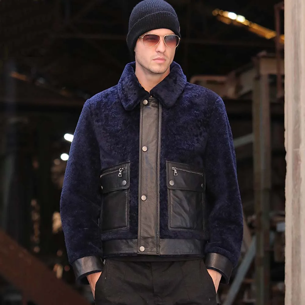 

LUHAYESA Thicken Short Shearling Fur Real Sheepskin Leather Genuine Jacket Black Navy Winter Autumn Natural Fur Overcoat