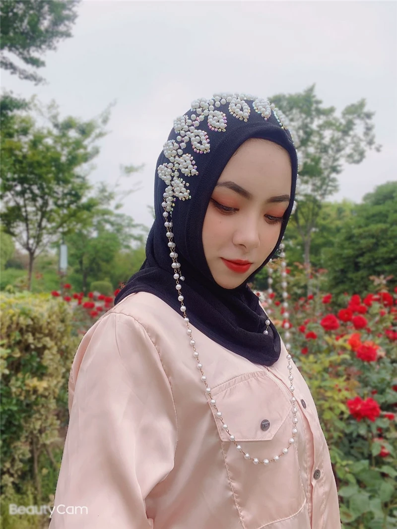 Цветочная шаль с бисером хиджаб тюрбан шляпа мусульманский шарф головной убор