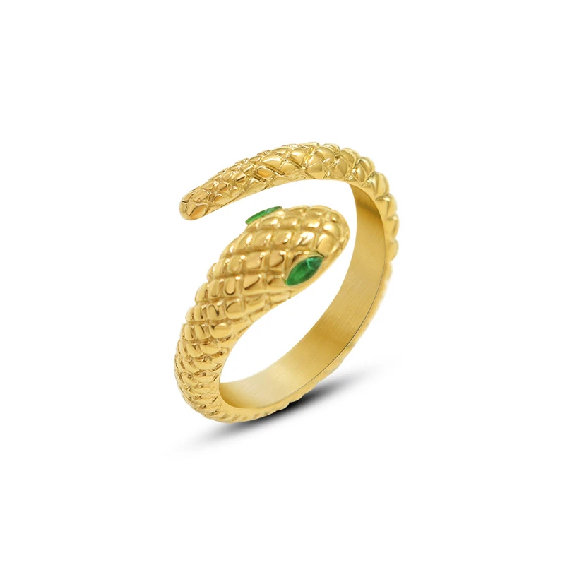 

Luxury Designs Green Eyes Snake Open Rings For Women Gothic Accessories Fashion Gold Color Stainless Steel Jewelry Free Shipping