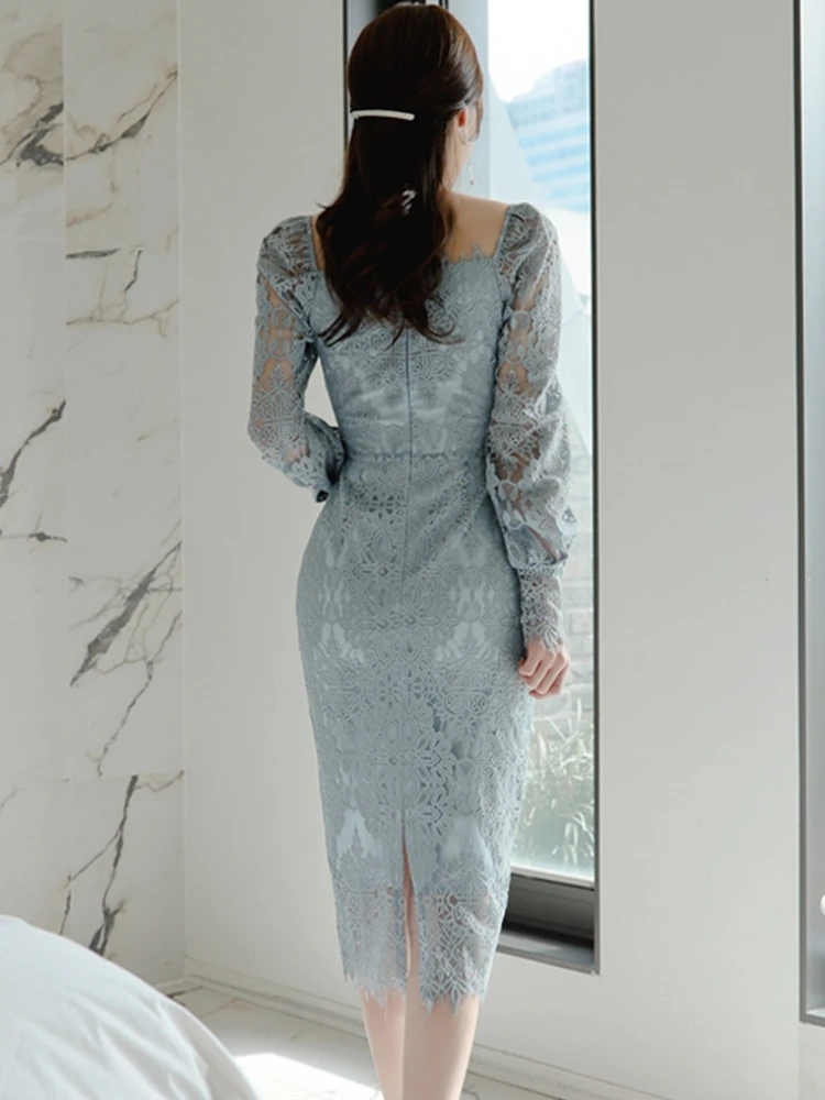 

New Korean Women's Elegant Lace High Quality Square-Neck Cocktail Party Robe Femme Vintage Office OL Pencil Dress Vestidos