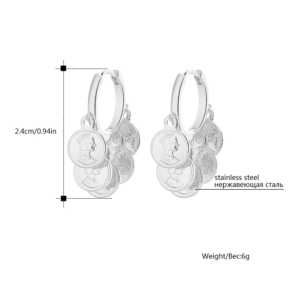 Trendy Queen Engraved Hoop Earrings For Women Rose Gold Stainless Steel Round Coin Drop Fashion Jewelry Accessories | Украшения и