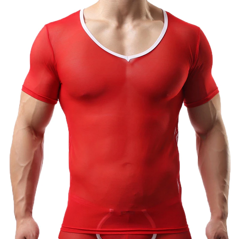 

Sexy Skinny T Shirt Men Tops Sheer Mesh Shirts See Through Mesh Short Sleeve Men T-Shirt Perspective T Shirt Underwear Nightwear
