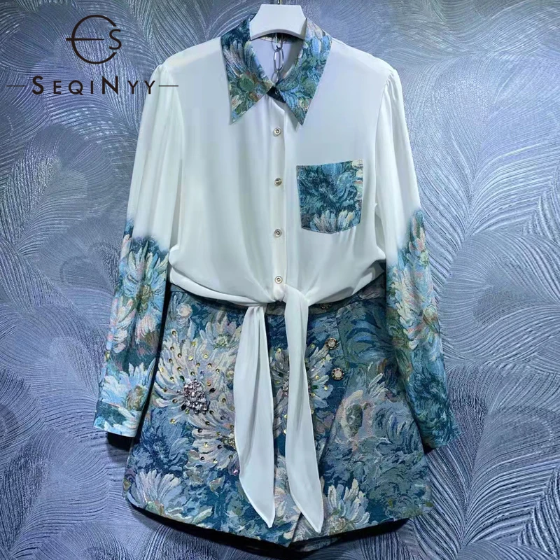 

SEQINYY Vintage Set Summer Spring New Fashion Design Women Runway White Blouse + Beading Crystal Mini Skirt Jacquard Elegant