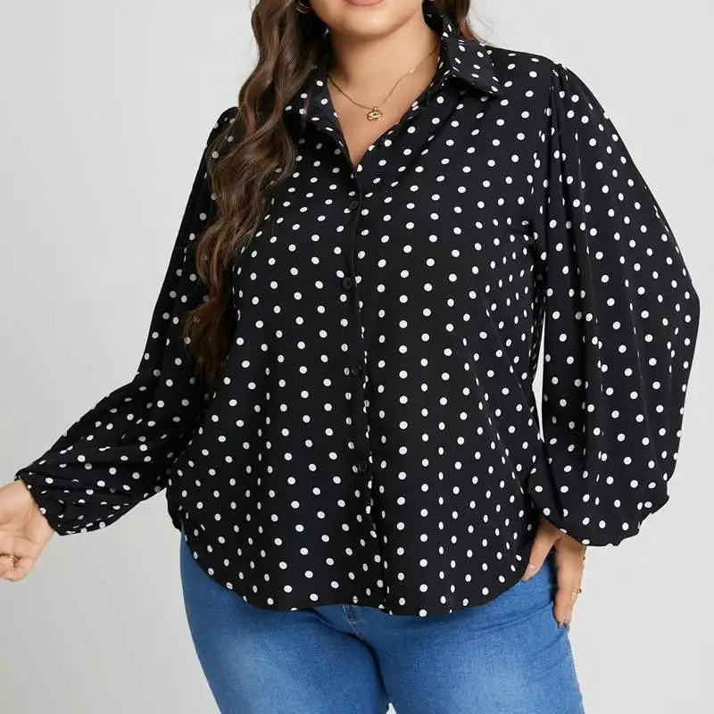 

2022 Повседневная рубашка Celmia в горошек, женские блузки с отворотами, элегантные офисные женские блузы, топы с длинным рукавом-фонариком, туни...