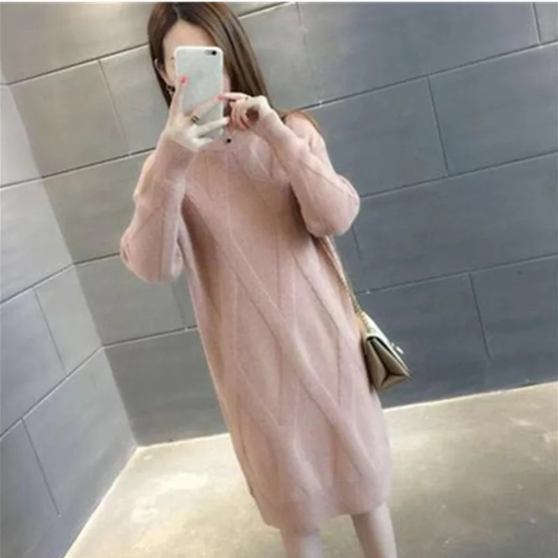 2020 Autumn Winter Womens Long Sleeve Sweater Pullovers Female Knitted Long Dress Ladies Solid Thicken Warm Clothes Female