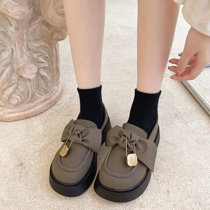 

Mary Jane Shoes Women New Bow Knot Lazy Loafers Womens Kawaii Lolita Shoes Sweet Girl Round Toe Platform Shoes High Heels