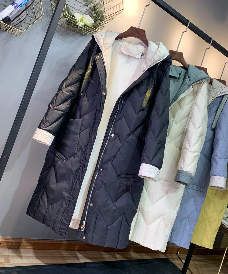 

Women's Winter 2021 New Knitted Hat Stitching Thickening down Jacket Women's Mid-Length Coat Baggy Coat White Duck down Zipper