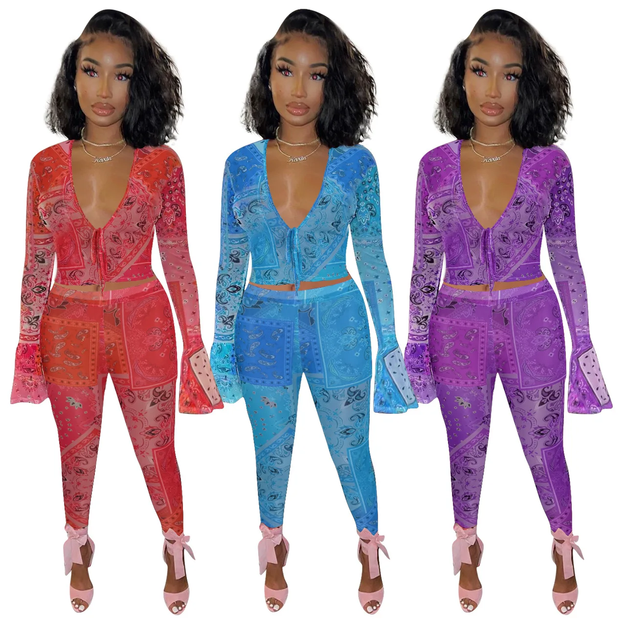 

Echoine Print Sheer Mesh Flare Sleeve V-neck Crop Top Legging Pants Set Two Piece Set Bodycon Matching Set Party Clubwear New