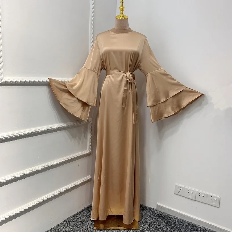 

Eid Mubarak Muslim Fashion Women Abaya Dress Dubai Turkey Satin Layered Flare Sleeve Ramadan Islamic Caftan Dress Maxi Robe Gown