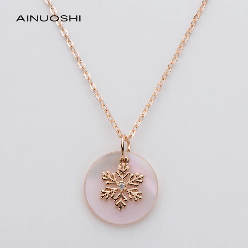 

AINUOSHI 18K Gold Real Diamond 1.71ct Mother-Of-Pearl Snowflake Romantic Style Pendant Necklace Women Charm Jewelry Gift 18''