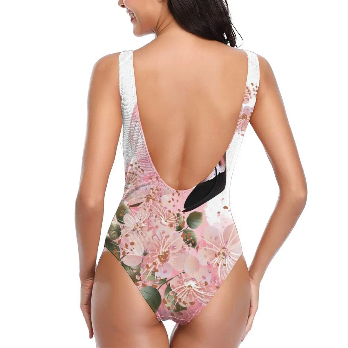 Женский купальник цельный весенний с рисунком розового фламинго и цветов пуш-ап