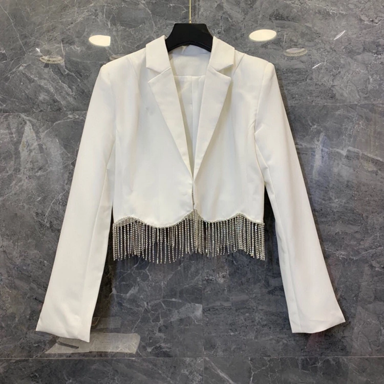 

2021 сезон весна-лето новые женские с лацканами подол стразы отделкой бахромой украшения с длинными рукавами короткое пальто 328