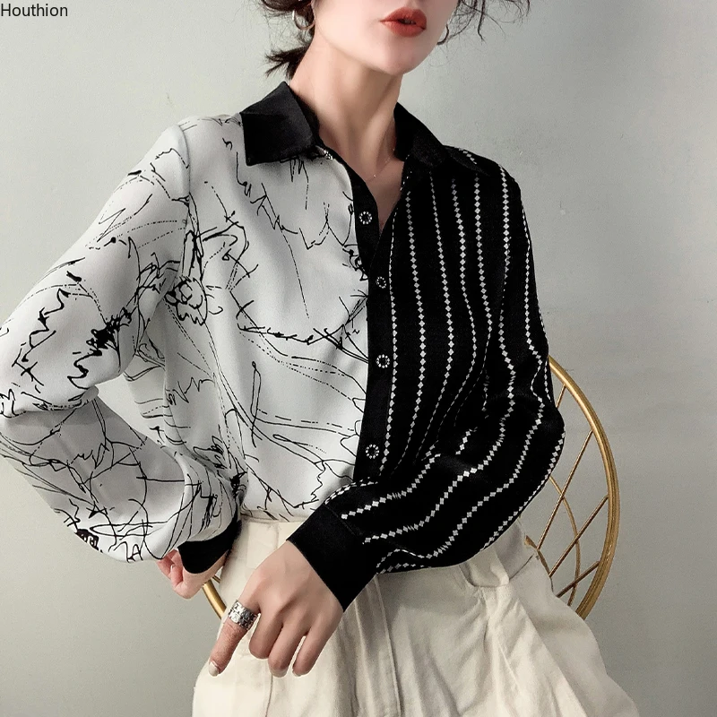 

Autumn New Women's Blouses Polo Shirt Long Sleeve Tops Striped Print Blouse Girl Viscose Casual Fashion Lady Loose